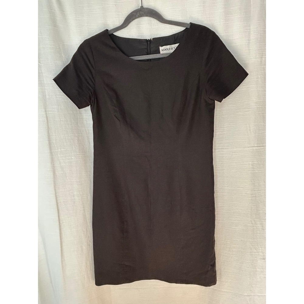 Adolfo Studio Black Linen Rayon Blend Sheath Dress Short Sleeve 6P 03-2907-8